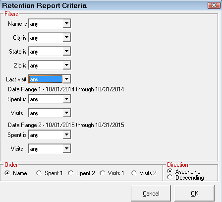 The Retention Report Criteria window.