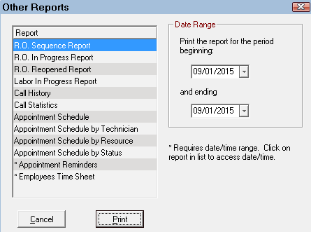 The Other Reports window.