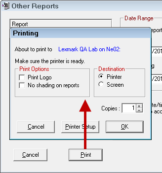The Print button on the Other Reports window pointing to the Printing window that opens when you click it.
