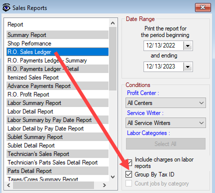 RO Sales Ledger report with Group by Tax ID active.