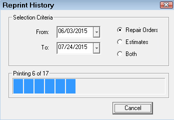 the Reprint History window with the progress bar running.