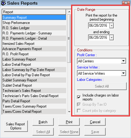 The Sales Reports window showing all sales reports and the report criteria circled.