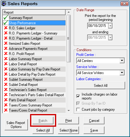 The Sales Reports window in batch mode.