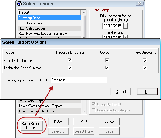 The Sales Reports window with the Sales Report Options window over it.