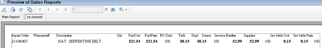 The drilldown tabs on the print preview window for the Warranty Parts Report.