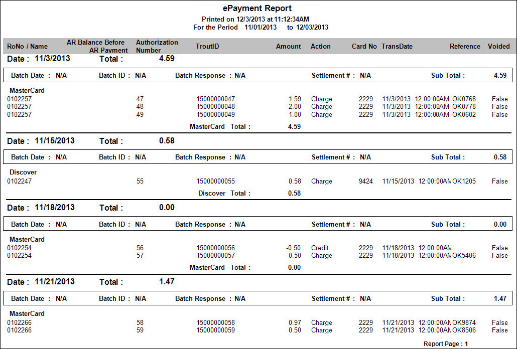 Page 1 of PayPros ePayment Report.
