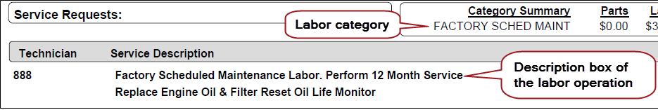 The labor on a printed invoice showing the contents of the Description box.