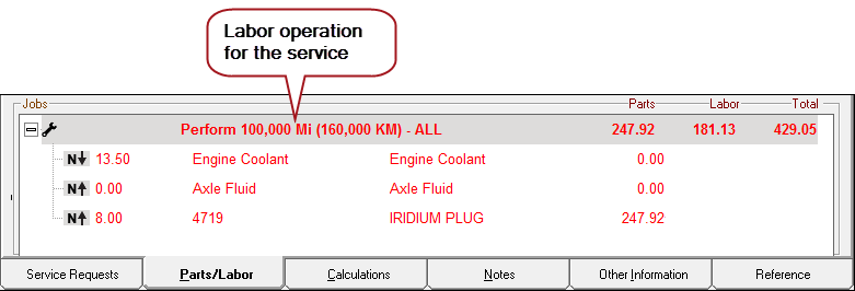The Jobs section of the Parts/Labor tab showing the service posted as a labor operation with both catalog and non-catalog parts.