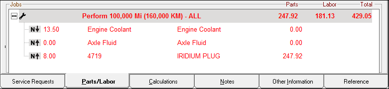 The Jobs section of the Parts/Labor tab showing both catalog and non-catalog parts in the posted service.