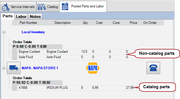 Non-catalog parts and catalog parts on the parts tab. 