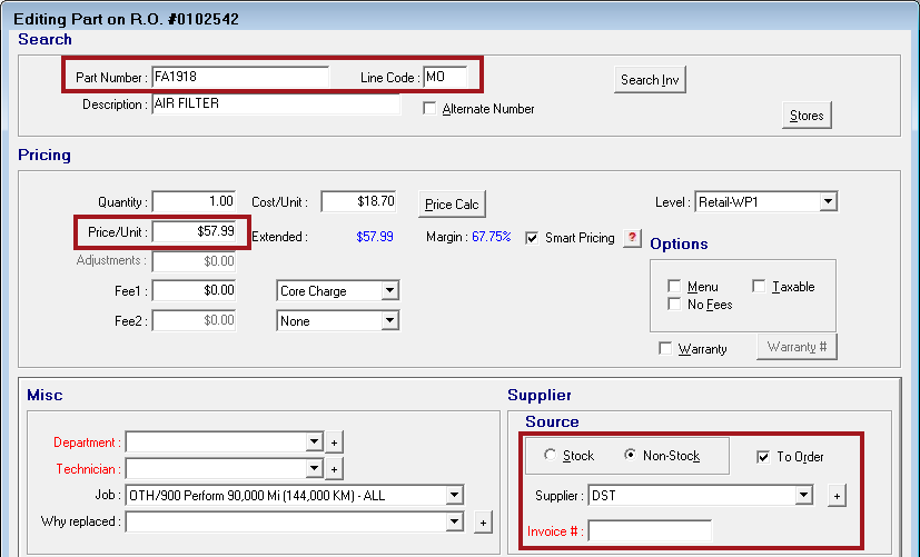 The Editing Part window of the posted part showing the supplier and pricing information.