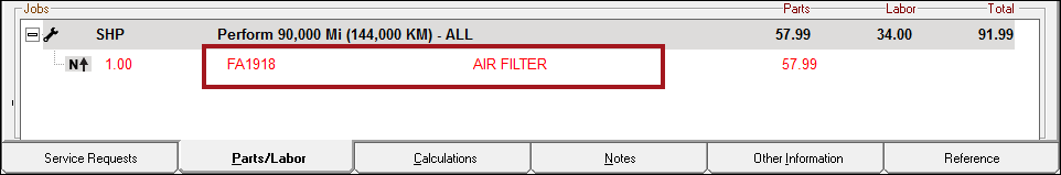 A posted service in the Jobs section of the Parts/Labor tab.