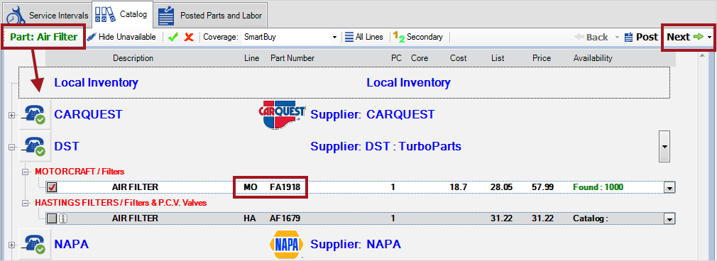 The search results for a catalog part in the service.