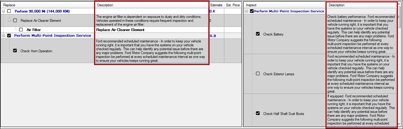 The Description column displaying for services in both the Replace and Inspect sections.