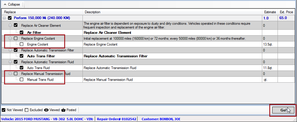 A service with service detail lines unchecked.