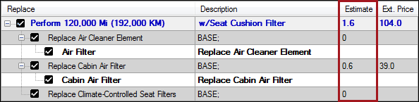The estimate column showing a total with all detail lines checked.