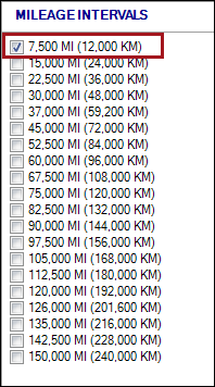 The mileage interval column with the first mileage interval clicked.