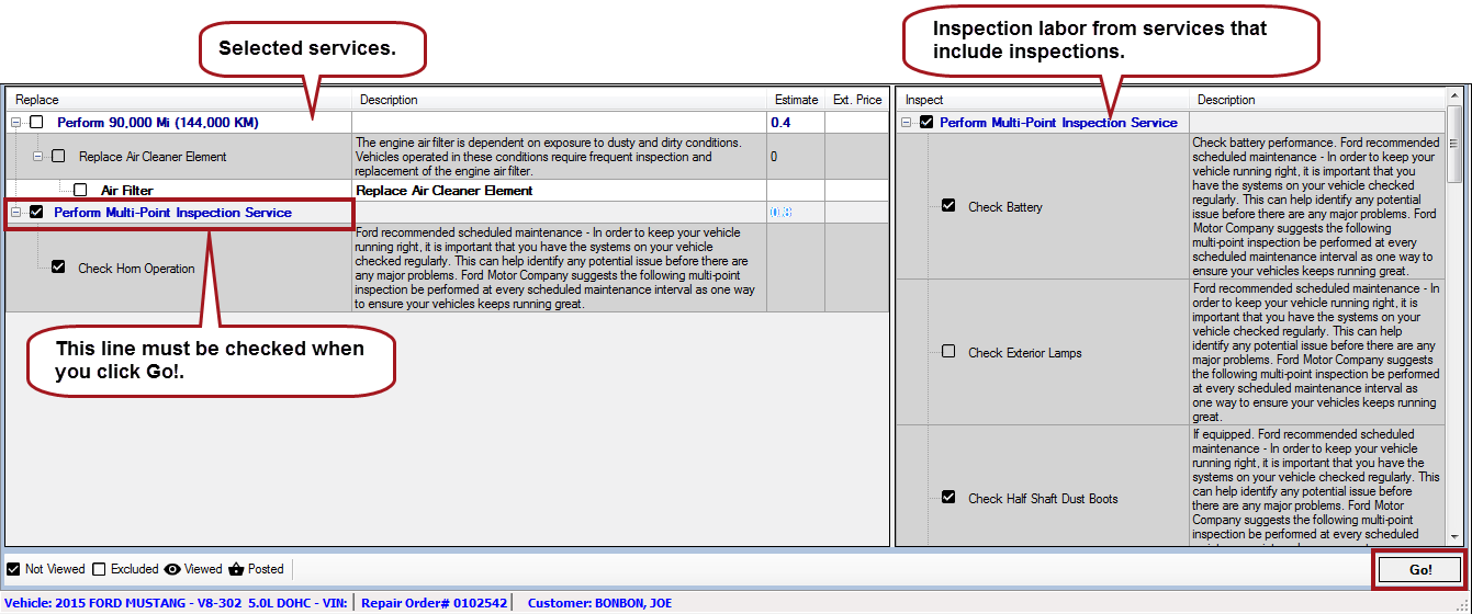 The inspection lines selected when the service is selected in the Replace column.
