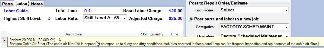 The hover text of a labor line.