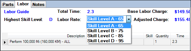 The Labor Rate dropdown list expanded in the header of the labor tab.
