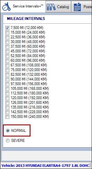 Mileage intervals column showing the normal mileage intervals.