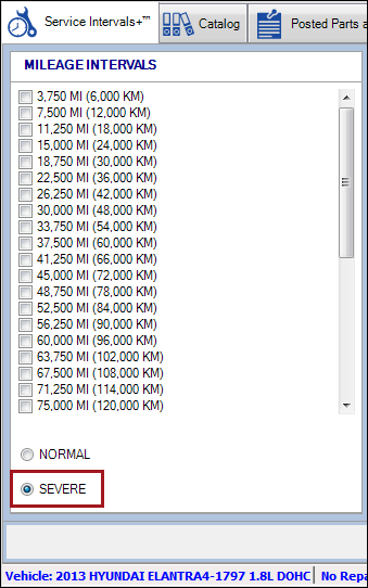 Mileage intervals column showing the severe mileage intervals.