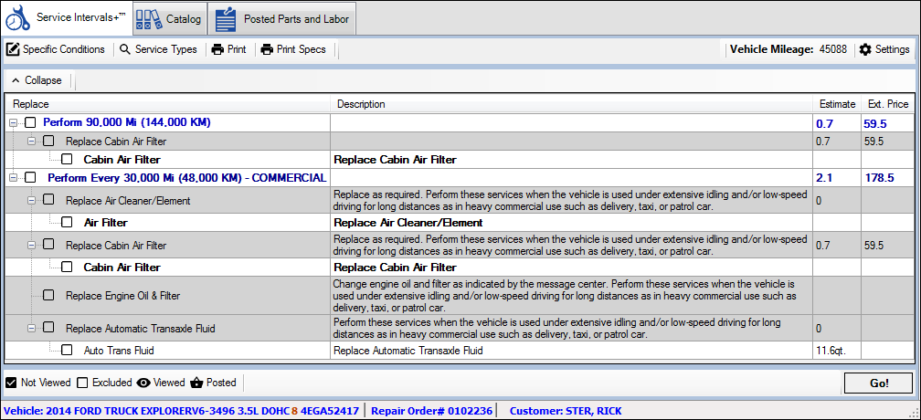 The service details window displaying parts and labor for the service.