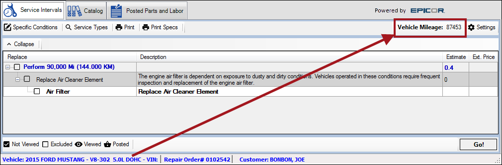 The Vehicle Mileage area showing the mileage for the vehicle in the information bar of the Smart eCat window.