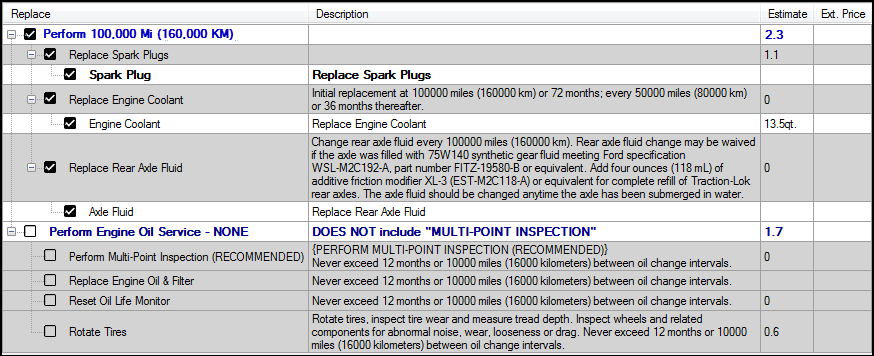 The service details window showing one of the services and its subrows selected.