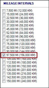 The mileage interval column with a mileage selected.