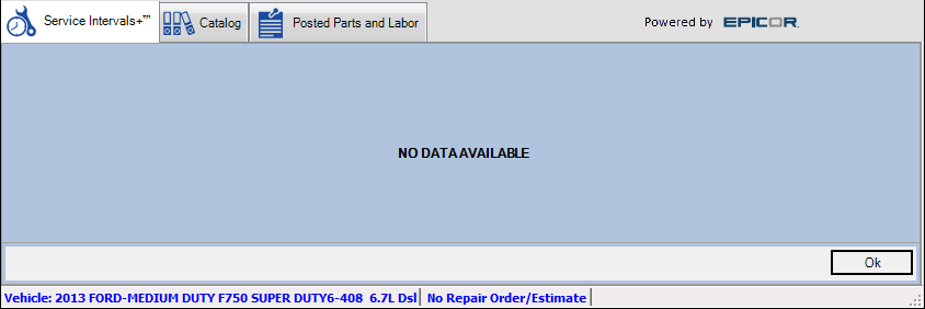 The Service Intervals window showing a message daying no data is available.