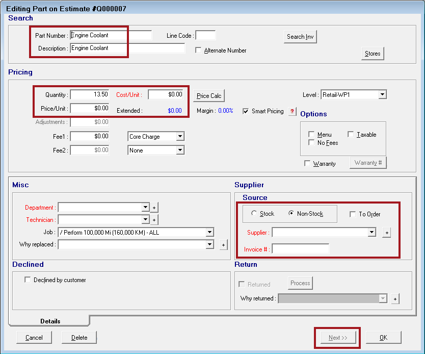 The Editing Part window of the posted part showing no supplier or pricing information.