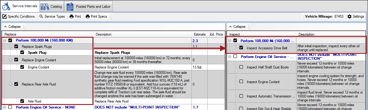 The service details window with a service, its subrows, and its rows in the Inspect section selected.