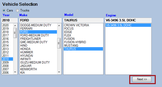 The vehicle selection tool on the Catalog tab.