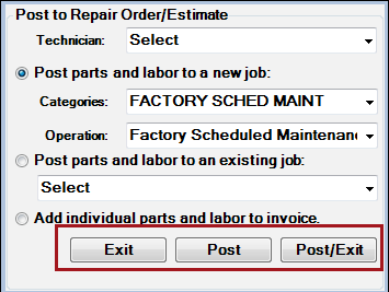 The posting options with the Exit, Post, and Post/Exit buttons circled.
