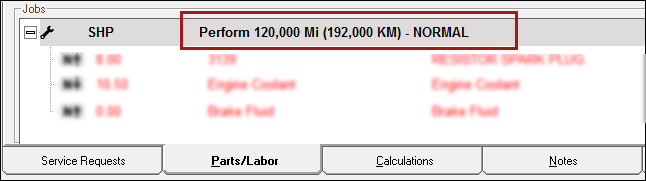 The posted service showing the service name in the Jobs section of the Parts/Labor tab.