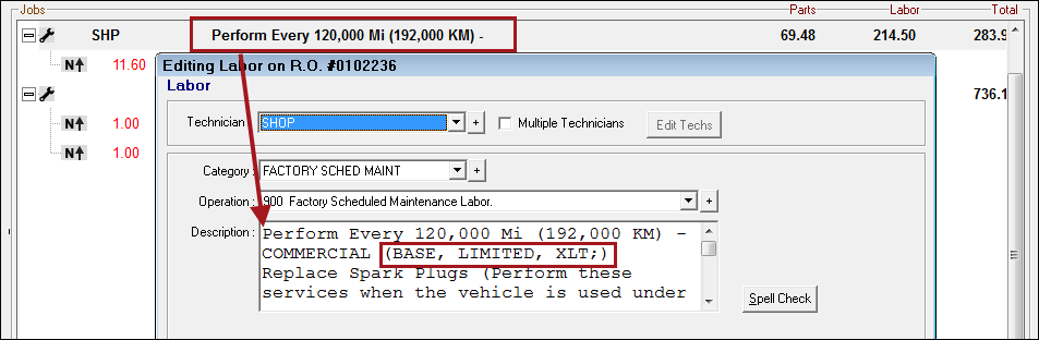 The Description information of the posted service in the Jobs section of the Parts/Labor tab and the Description box of the Editing Labor window.