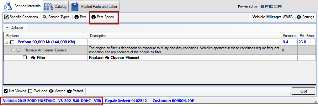 The service details with the print specs button circled.