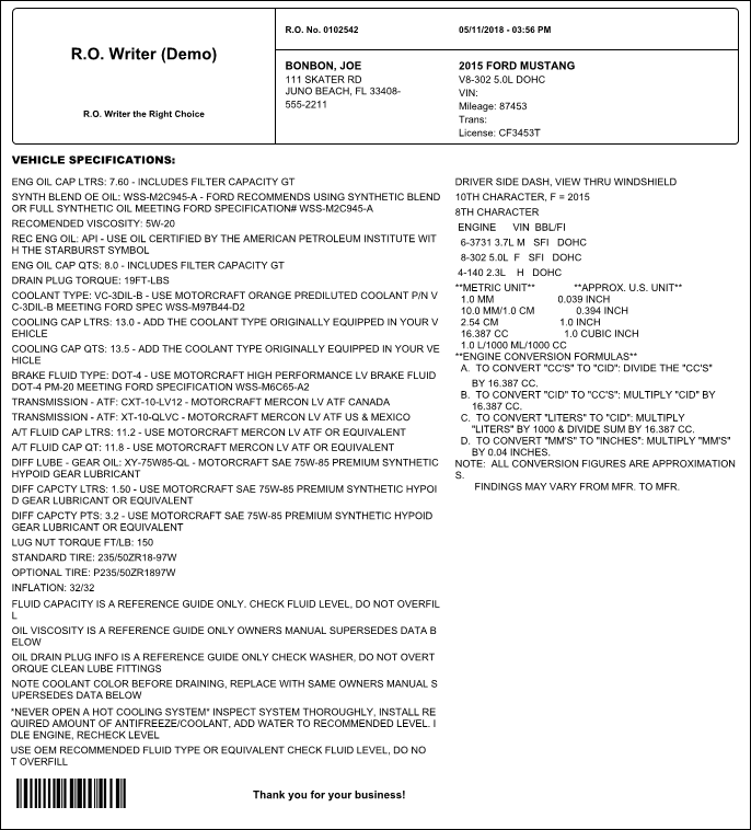 A sample of the printed vehicle specs. 