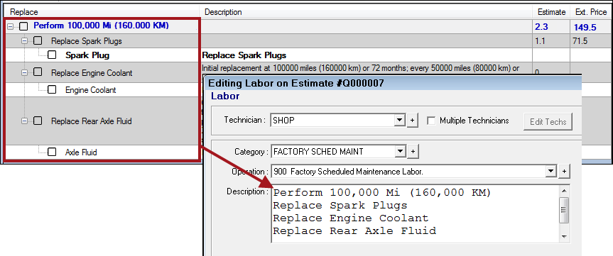 The replace column circled and pointing to the same information displaying in the Description box after the service is posted.