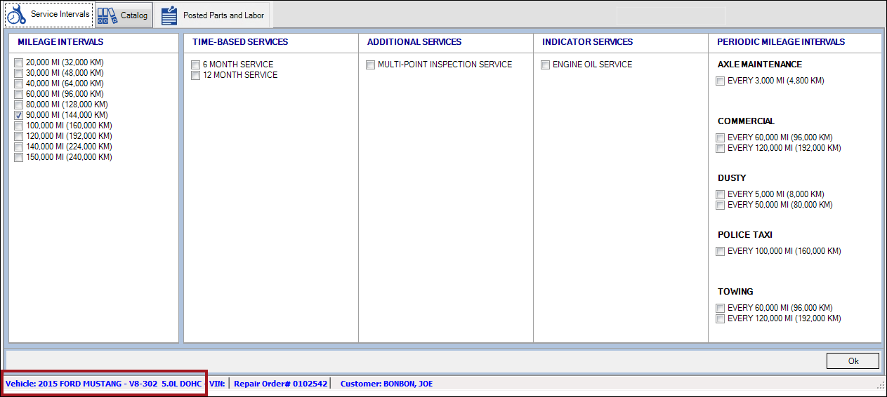 The available service types for the vehicle, which is circled in the bottom line of the window.