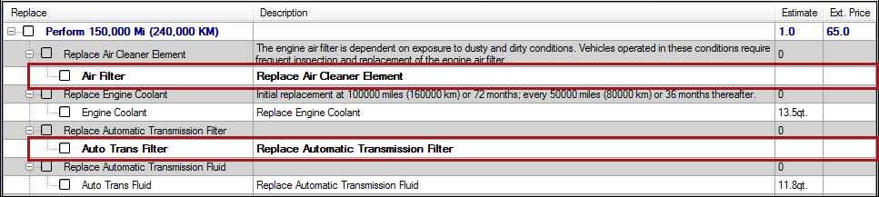 Service detail lines with the bolded catalog parts circled.