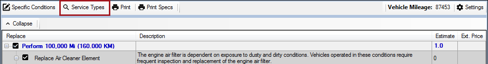 The Service Types button circled in the Service Intervals toolbar.