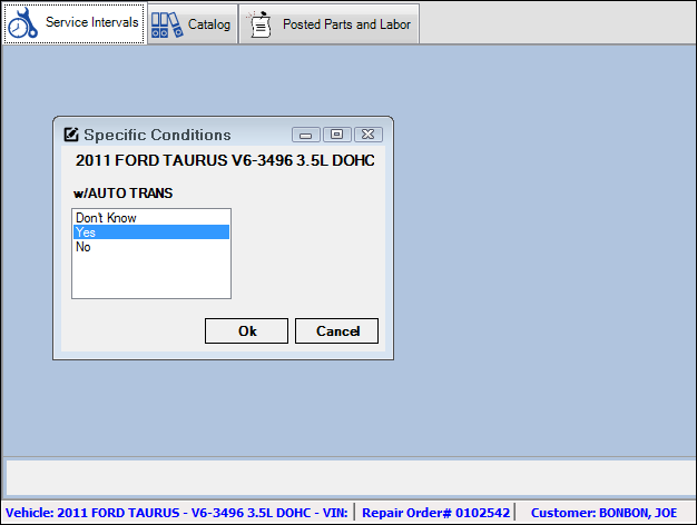 The Specific Condition question pop up window appearing over the Service Intervals tab.