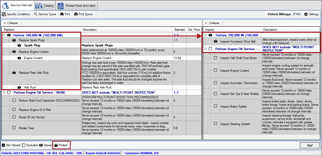 The service details window with the posted icon appearing for all rows of the posted service.