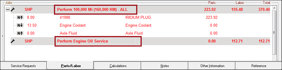 The Jobs section of the parts/labor tab showing two services posted, each as its own labor operation.