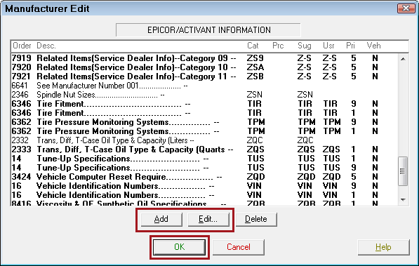 The Manufacturer Edit window.