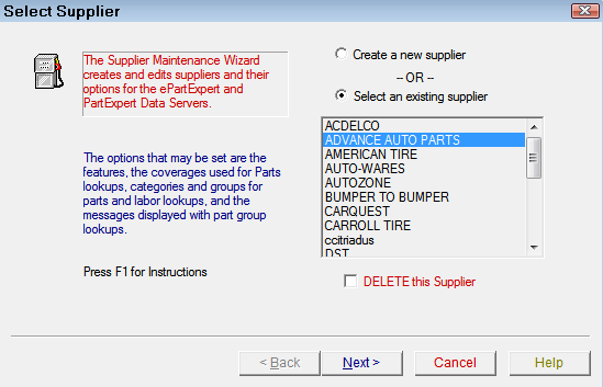 The Select Supplier window with the supplier selected.