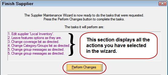 The Finish Supplier window showing the changes in the top half of the window.