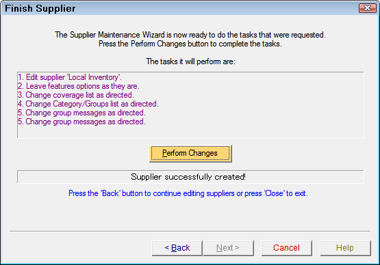 The Finish Supplier window showing the changes successful in the bottom half of the window.